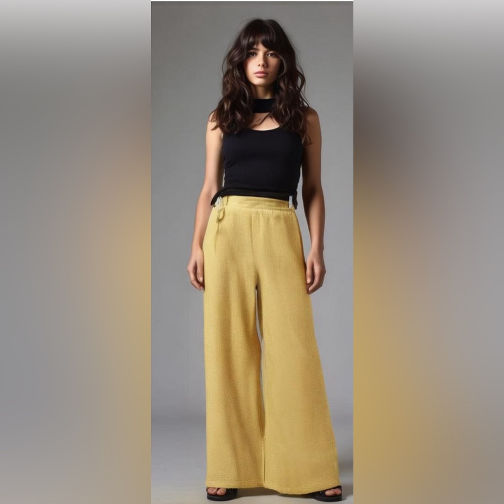 EUC C&C California High-Rise Wide Leg Cotton Gauze Pull-On Pants, Golden yellow